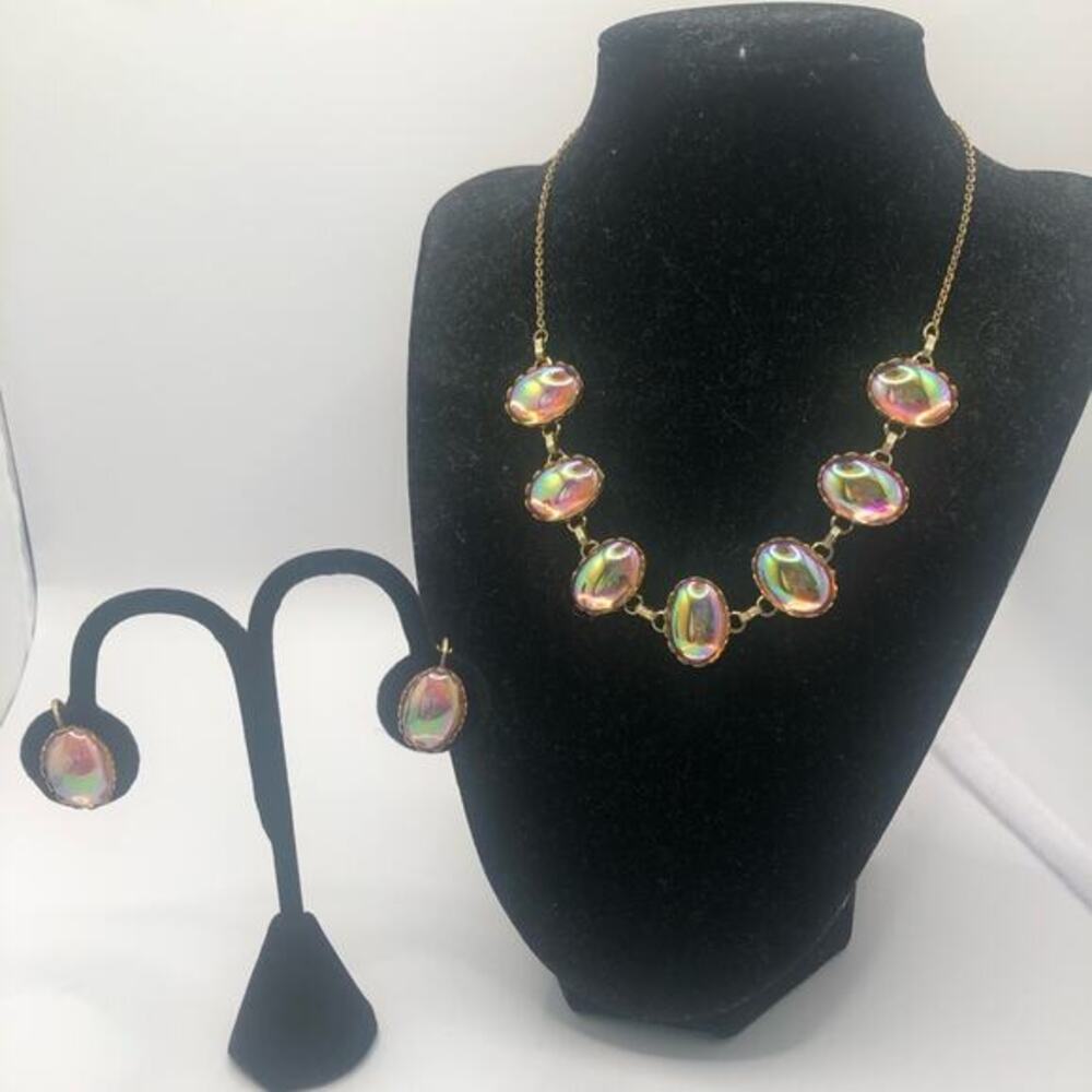 Vtg Crown Trifari Demi Parure Aurora Borealis Iridescent Necklace Earrings Set